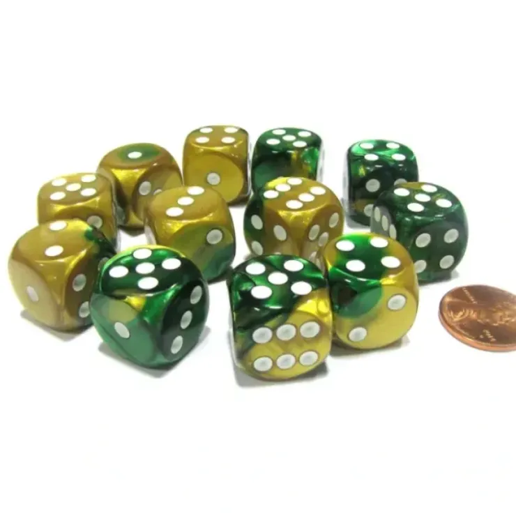Dice>Gemini 16mm D6 Chessex Dice Block (12 Dice) - Gold-Green with White Pips - Your Source for Gaming Essentials