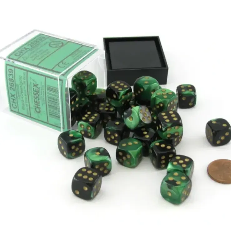 Dice>Gemini 12mm D6 Chessex Dice Block (36 Dice) - Black-Green with Gold Pips - Your Source for Gaming Essentials