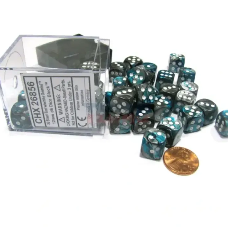 Dice>Gemini 12mm D6 Chessex Dice Block (36 Dice) - Steel-Teal with White Pips - Your Source for Gaming Essentials