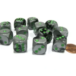 Dice>Gemini 16mm D6 Chessex Dice Block (12 Dice) - Black-Grey with Green Pips - Your Source for Gaming Essentials