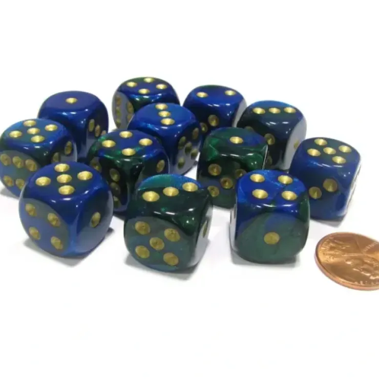 Dice>Gemini 16mm D6 Chessex Dice Block (12 Dice) - Blue-Green with Gold Pips - Your Source for Gaming Essentials