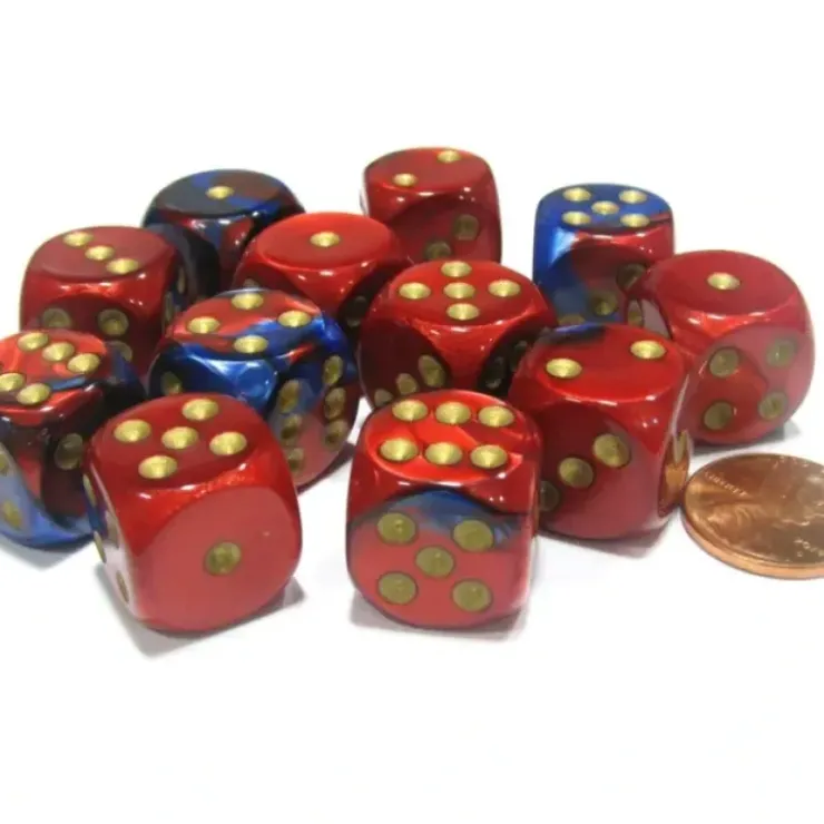 Dice>Gemini 16mm D6 Chessex Dice Block (12 Dice) - Blue-Red with Gold Pips - Your Source for Gaming Essentials