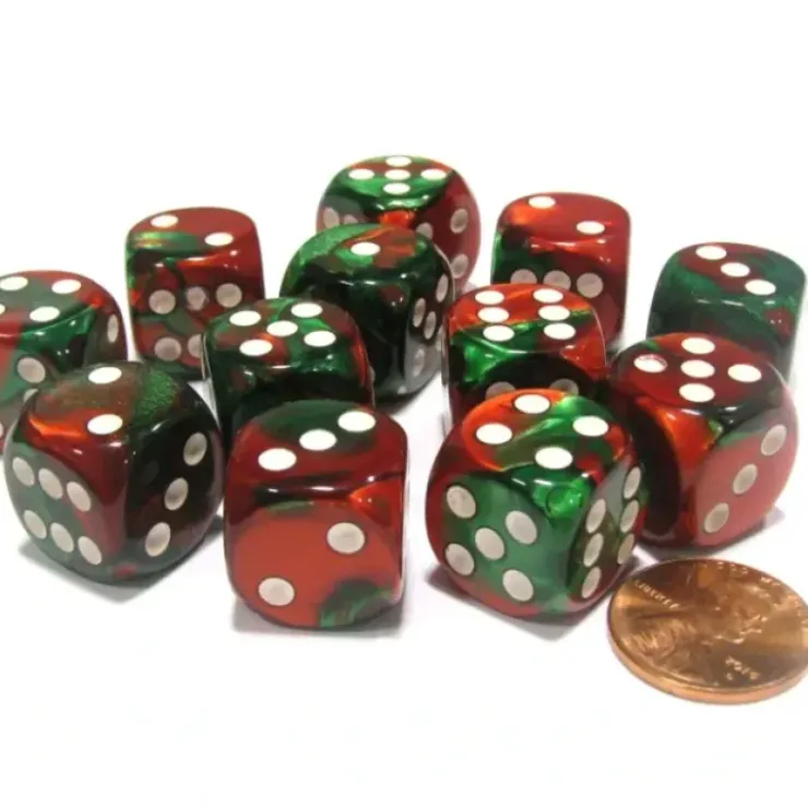 Dice>Gemini 16mm D6 Chessex Dice Block (12 Dice) - Green-Red with White Pips - Your Source for Gaming Essentials