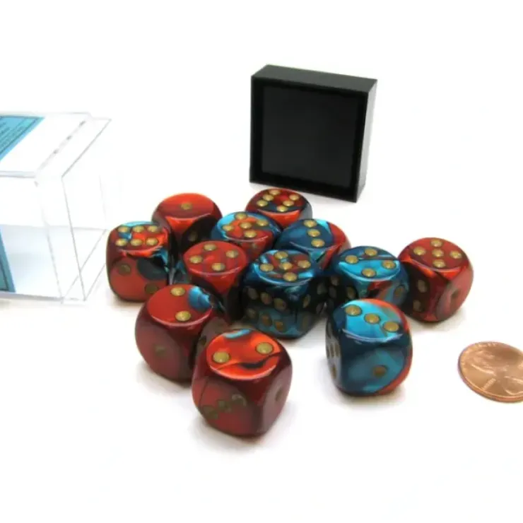 Dice>Gemini 16mm D6 Chessex Dice Block (12 Die) - Red-Teal with Gold Pips - Your Source for Gaming Essentials
