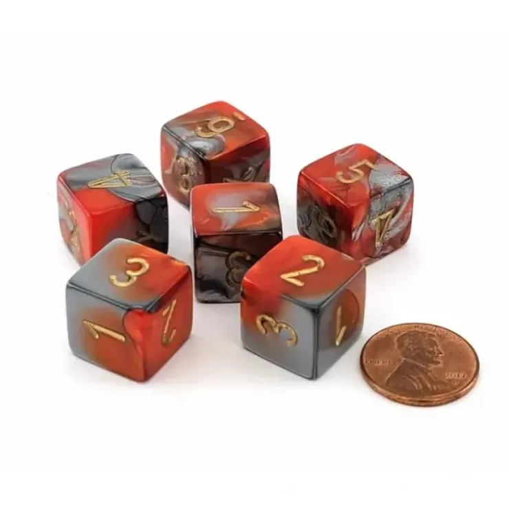 Dice>Gemini 15mm D6 Chessex Dice, 6 Pieces - Orange-Steel with Gold Numbers - Your Source for Gaming Essentials
