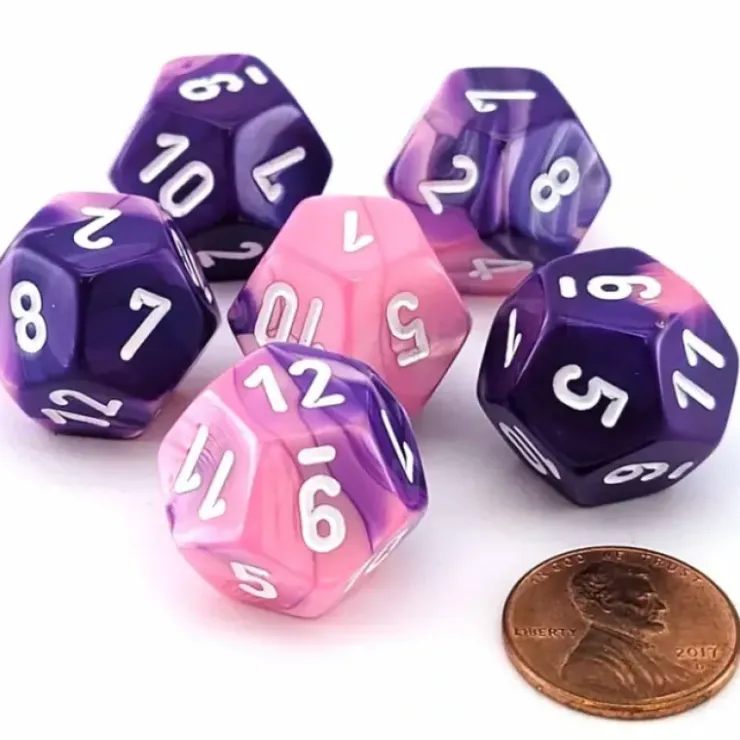 Dice>Gemini 18mm D12 Chessex Dice, 6 Pieces - Pink-Purple with White Numbers - Your Source for Gaming Essentials