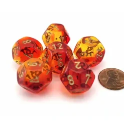 Dice>Gemini 18mm D12 Dice, 6 Pieces - Translucent Red-Yellow with Gold Numbers - Your Source for Gaming Essentials