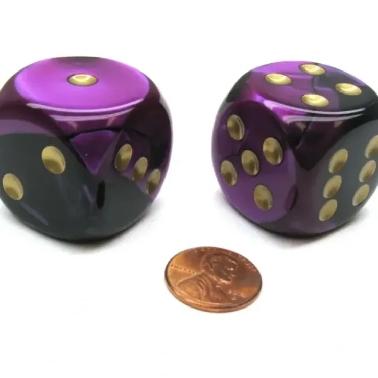 Dice>Gemini 30mm Large D6 Chessex Dice, 2 Pieces - Black-Purple with Gold Pips - Your Source for Gaming Essentials