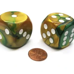 Dice>Gemini 30mm Large D6 Chessex Dice, 2 Pieces - Gold-Green with White Pips - Your Source for Gaming Essentials