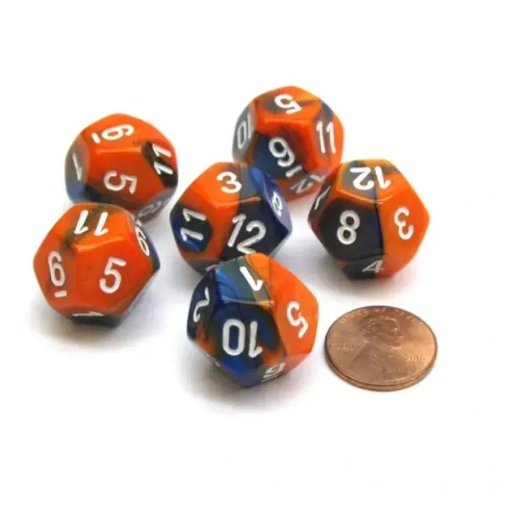 Dice>Gemini 18mm 12 Sided D12 Chessex Dice, 6 Pieces - Blue-Orange with White - Your Source for Gaming Essentials