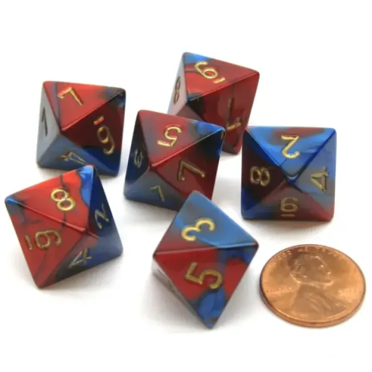 Dice>Gemini 15mm 8 Sided D8 Chessex Dice, 6 Pieces - Blue-Red with Gold - Your Source for Gaming Essentials