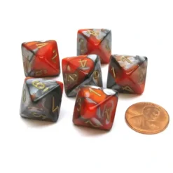 Dice>Gemini 15mm 8 Sided D8 Chessex Dice, 6 Pieces - Orange-Steel with Gold - Your Source for Gaming Essentials