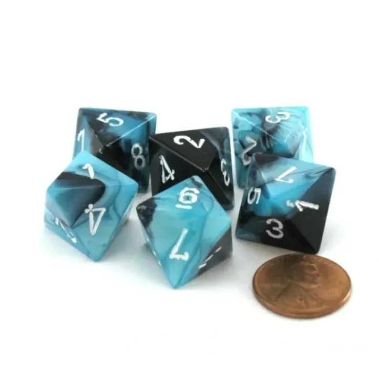 Dice>Gemini 15mm 8 Sided D8 Chessex Dice, 6 Pieces - Black-Shell with White - Your Source for Gaming Essentials