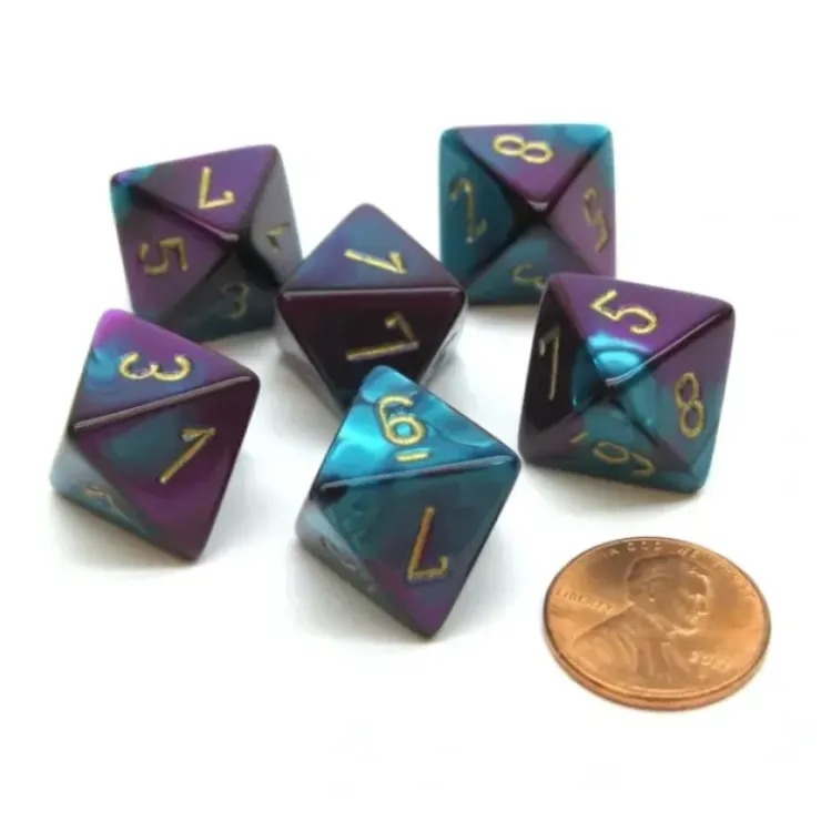 Dice>Gemini 15mm 8 Sided D8 Chessex Dice, 6 Pieces - Purple-Teal with Gold - Your Source for Gaming Essentials