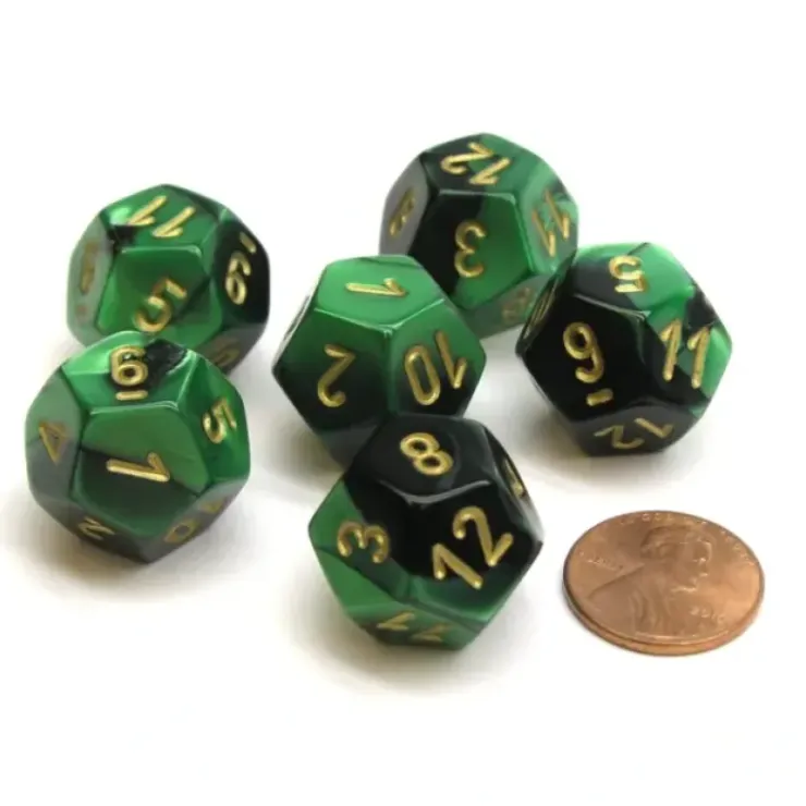Dice>Gemini 18mm 12 Sided D12 Chessex Dice, 6 Pieces - Black-Green with Gold - Your Source for Gaming Essentials
