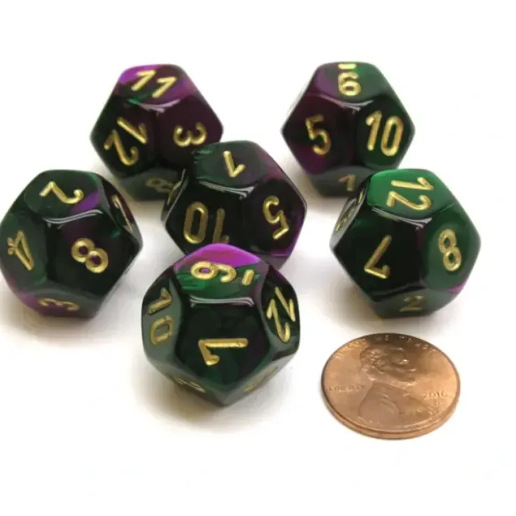 Dice>Gemini 18mm 12 Sided D12 Chessex Dice, 6 Pieces - Green-Purple with Gold - Your Source for Gaming Essentials