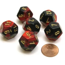 Dice>Gemini 18mm 12 Sided D12 Chessex Dice, 6 Pieces - Black-Red with Gold - Your Source for Gaming Essentials