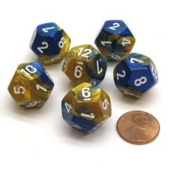 Dice>Gemini 18mm 12 Sided D12 Chessex Dice, 6 Pieces - Blue-Gold with White - Your Source for Gaming Essentials