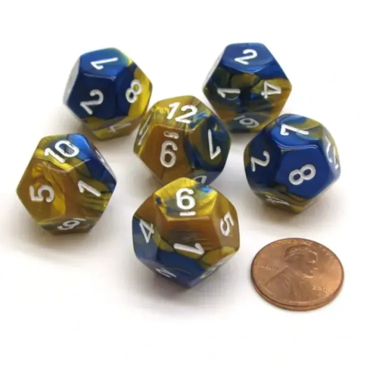 Dice>Gemini 18mm 12 Sided D12 Chessex Dice, 6 Pieces - Blue-Gold with White - Your Source for Gaming Essentials