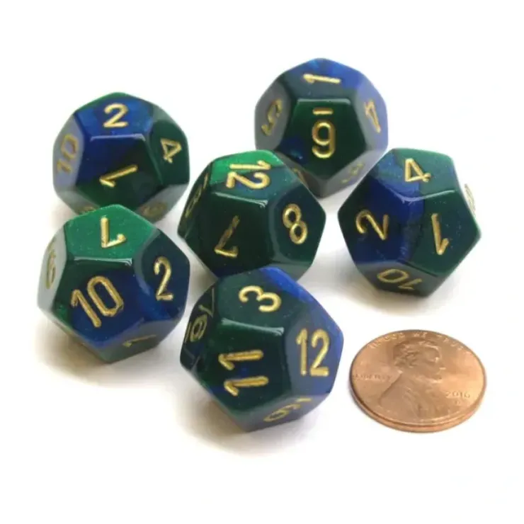 Dice>Gemini 18mm 12 Sided D12 Chessex Dice, 6 Pieces - Blue-Green with Gold - Your Source for Gaming Essentials