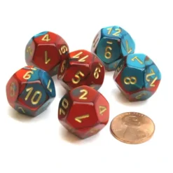 Dice>Gemini 18mm 12 Sided D12 Chessex Dice, 6 Pieces - Red-Teal with Gold - Your Source for Gaming Essentials