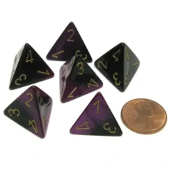 Dice>Gemini 18mm 4 Sided D4 Chessex Dice, 6 Pieces - Black-Purple with Gold Numbers - Your Source for Gaming Essentials