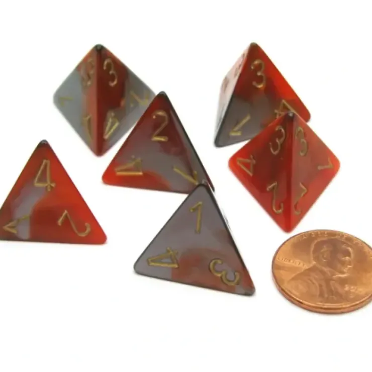 Dice>Gemini 18mm 4 Sided D4 Chessex Dice, 6 Pieces - Orange-Steel with Gold - Your Source for Gaming Essentials