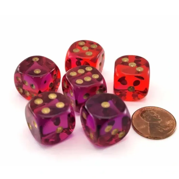 Dice>Gemini 16mm 6 Sided D6 Dice, 6 Pieces - Translucent Red-Violet with Gold Numbers - Your Source for Gaming Essentials