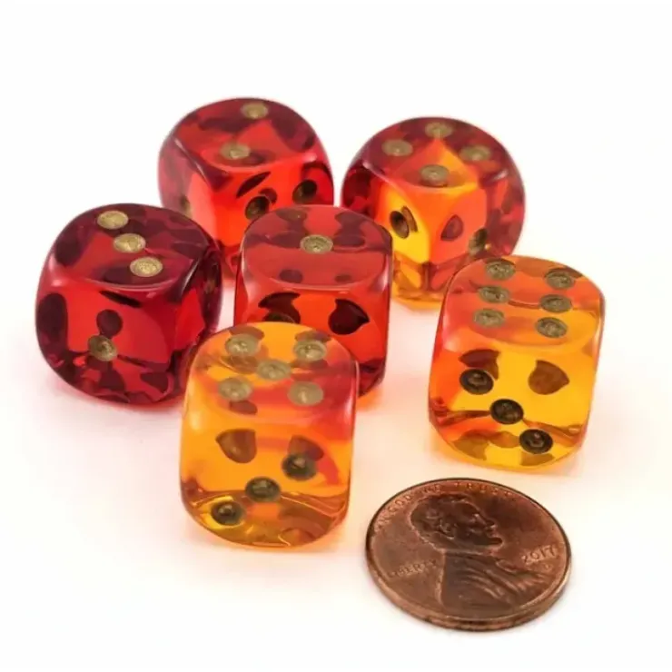 Dice>Gemini 16mm 6 Sided D6 Dice, 6 Pieces - Translucent Red-Yellow with Gold Numbers - Your Source for Gaming Essentials