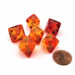 Dice>Gemini 15mm 8 Sided D8 Dice, 6 Pieces - Translucent Red-Yellow with Gold - Your Source for Gaming Essentials