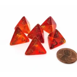 Dice>Gemini 18mm 4 Sided D4 Dice, 6 Pieces - Translucent Red-Yellow with Gold - Your Source for Gaming Essentials