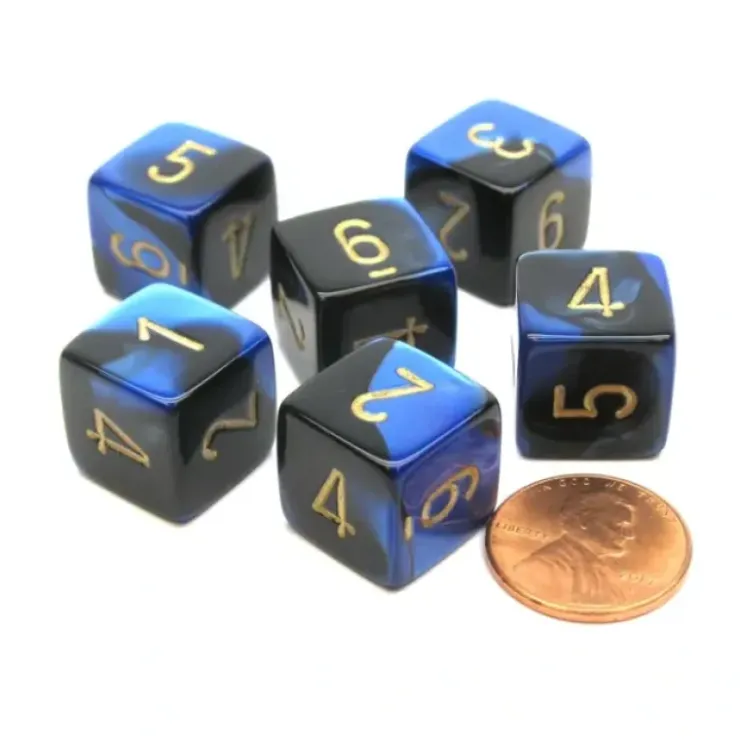 Dice>Gemini 15mm 6-Sided D6 Numbered Chessex Dice, 6 Pieces - Black-Blue with Gold - Your Source for Gaming Essentials