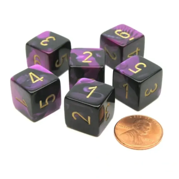 Dice>Gemini 15mm 6-Sided D6 Numbered Chessex Dice, 6 Pieces - Black-Purple with Gold - Your Source for Gaming Essentials