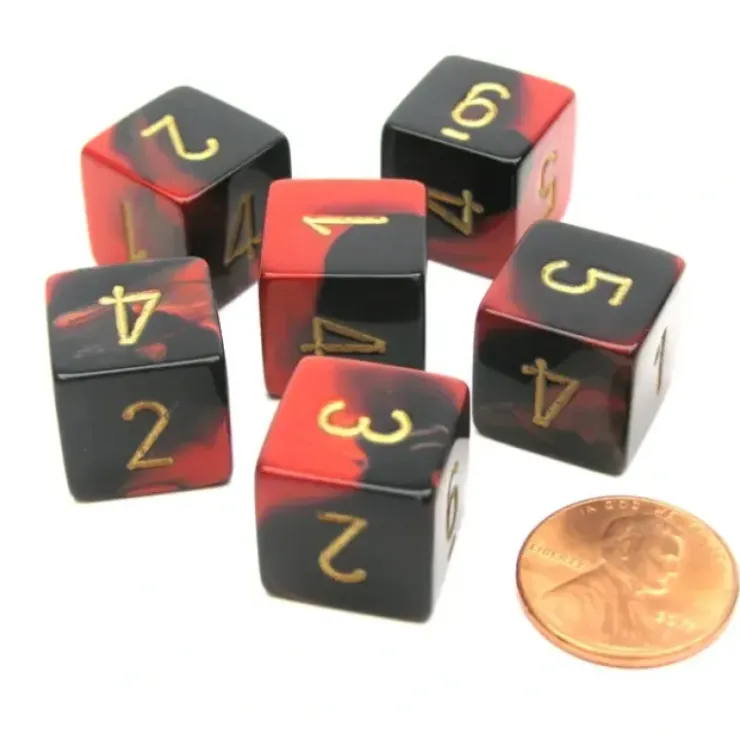 Dice>Gemini 15mm 6-Sided D6 Numbered Chessex Dice, 6 Pieces - Black-Red with Gold - Your Source for Gaming Essentials