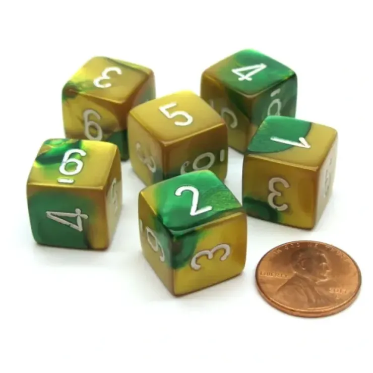 Dice>Gemini 15mm 6-Sided D6 Numbered Chessex Dice, 6 Pieces - Gold-Green with White - Your Source for Gaming Essentials
