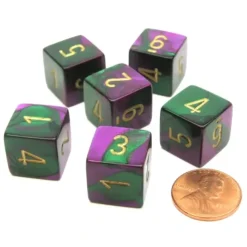 Dice>Gemini 15mm 6-Sided D6 Numbered Chessex Dice, 6 Pieces - Green-Purple with Gold - Your Source for Gaming Essentials