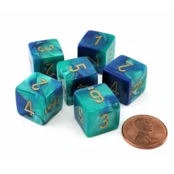 Dice>Gemini 15mm 6-Sided D6 Numbered Dice, 6 Pieces - Blue-Teal with Gold Numbers - Your Source for Gaming Essentials