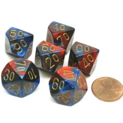 Dice>Gemini 16mm Tens D10 (00-90) Chessex Dice, 6 Pieces - Blue-Red with Gold Numbers - Your Source for Gaming Essentials