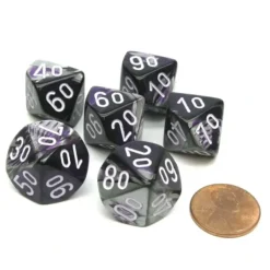 Dice>Gemini 16mm Tens D10 (00-90) Chessex Dice, 6 Pieces - Purple-Steel with White - Your Source for Gaming Essentials