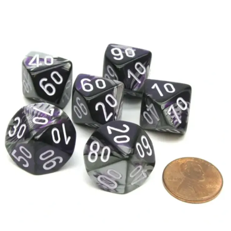 Dice>Gemini 16mm Tens D10 (00-90) Chessex Dice, 6 Pieces - Purple-Steel with White - Your Source for Gaming Essentials