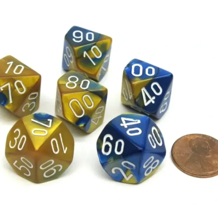 Dice>Gemini 16mm Tens D10 (00-90) Dice, 6 Pieces - Blue-Gold with White Numbers - Your Source for Gaming Essentials