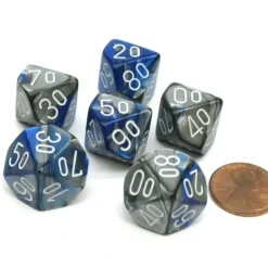 Dice>Gemini 16mm Tens D10 (00-90) Dice, 6 Pieces - Blue-Steel with White Numbers - Your Source for Gaming Essentials