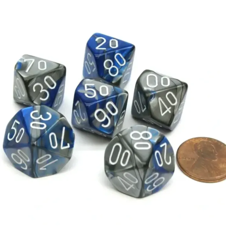 Dice>Gemini 16mm Tens D10 (00-90) Dice, 6 Pieces - Blue-Steel with White Numbers - Your Source for Gaming Essentials