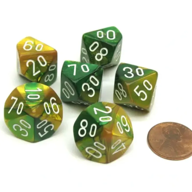 Dice>Gemini 16mm Tens D10 (00-90) Dice, 6 Pieces - Gold-Green with White Numbers - Your Source for Gaming Essentials