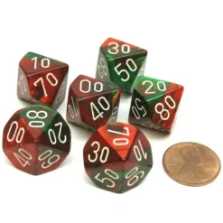 Dice>Gemini 16mm Tens D10 (00-90) Dice, 6 Pieces - Green-Red with White Numbers - Your Source for Gaming Essentials