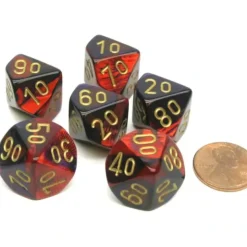 Dice>Gemini 16mm Tens D10 (00-90) Dice, 6 Pieces - Purple-Red with Gold Numbers - Your Source for Gaming Essentials