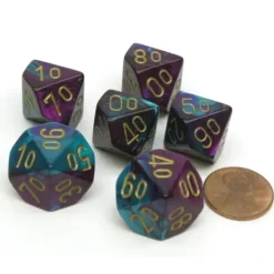 Dice>Gemini 16mm Tens D10 (00-90) Dice, 6 Pieces - Purple-Teal with Gold Numbers - Your Source for Gaming Essentials