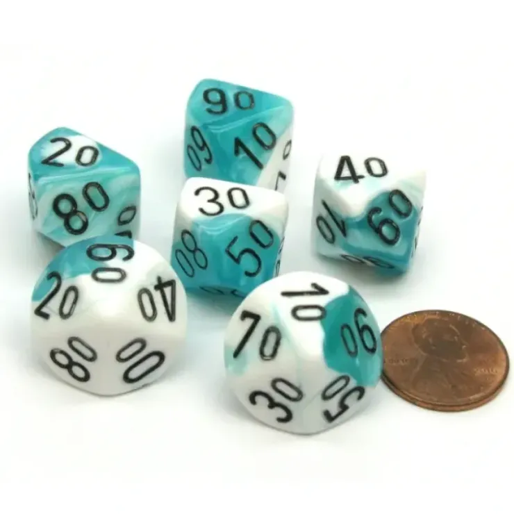 Dice>Gemini 16mm Tens D10 (00-90) Dice, 6 Pieces - Teal-White with Black Numbers - Your Source for Gaming Essentials