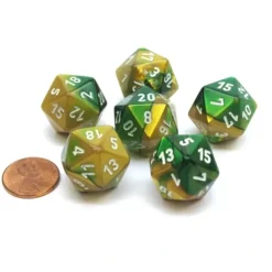 Dice>Gemini 20 Sided D20 Chessex Dice, 6 Pieces - Gold-Green with White Numbers - Your Source for Gaming Essentials