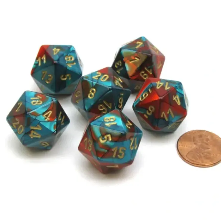 Dice>Gemini 20 Sided D20 Chessex Dice, 6 Pieces - Red-Teal with Gold Numbers - Your Source for Gaming Essentials